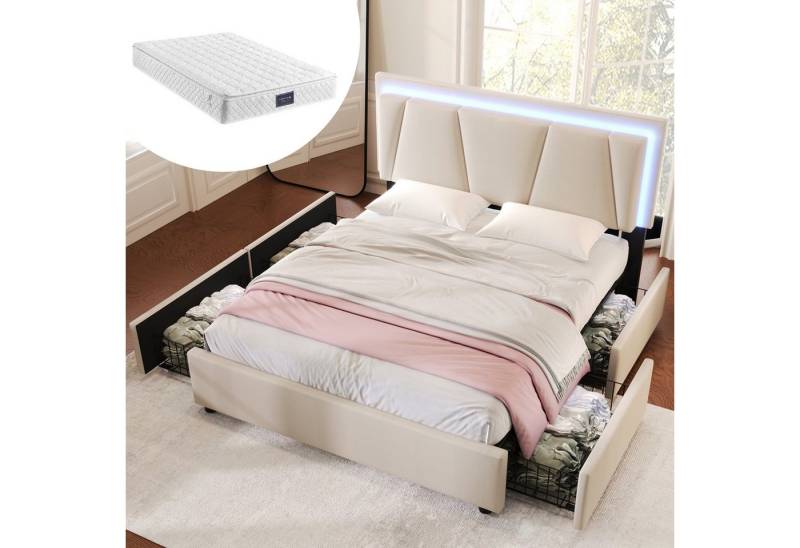 STILVORA Polsterbett 140x200 Stauraumbett Bettgestell mit LED & verstellbarem Kopfteil (140x200cm Inklusive-Matratze mit LED-Beleuchtung und 4 Schubladen) von STILVORA