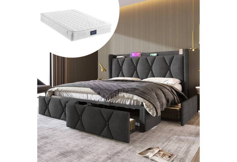 STILVORA Polsterbett 140x200 Stauraumbett Bettgestell mit USB,Jugendbett mit Stauraum (mit Steckdose/USB Ladefunktion und 4 Schubladen), 140 x 200cm,Inklusive-Matratze von STILVORA