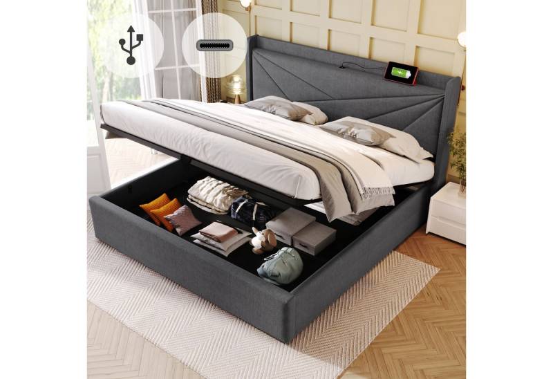 STILVORA Polsterbett 140x200 Stauraumbett Jugendbett mit USB-C,Bettgestell mit Lattenrost (140x200 mit lattenrost, Ohne Matratze), Massivholz Stauraumbett mit USB/Typ-C Ladeanschluss von STILVORA