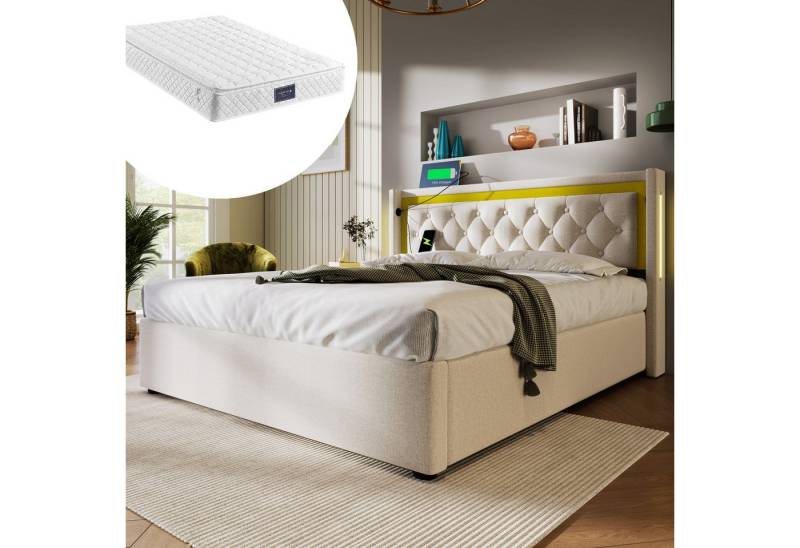 STILVORA Polsterbett 140x200 Stauraumbett mit USB Typ C,Jugendbett Doppelbett mit LED (Bettkasten mit USB Typ C Ladefunktion Kopfteil), Bettgestell aus Baumwolle 140x200 mit lattenrost Inklusive Matratz von STILVORA