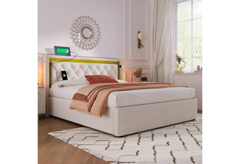 STILVORA Polsterbett 140x200 Stauraumbett mit USB Typ C,Jugendbett Doppelbett mit LED (Bettkasten mit USB Typ C Ladefunktion Kopfteil), Stauraumbetten Bettgestell aus Baumwolle 140x200 mit lattenrost von STILVORA