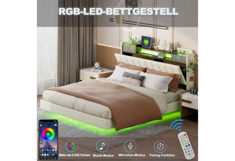 STILVORA Polsterbett 140×200 bett mit Matratze,Bettgestell mit Steckdose & LED & Stauraum (Multifunktionales Kopfteil mit USB-Steckdose, Kopfteil für Ablage und Stauraum mit Handytasche), Schwebebett Jugendbett Erwachsenenbett, Leinenstoff von STILVORA