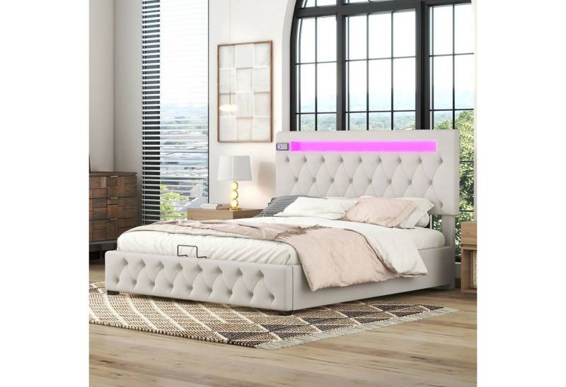 STILVORA Polsterbett 140x200 mit Bettkasten,Funktionsbett mit LED und USB, ohne matratze (Beige (140x200cm), mit aufladen USB,Bluetooth-Player und LED-Beleuchtung von STILVORA
