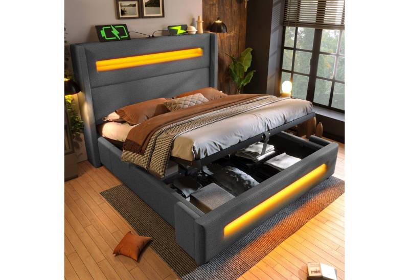 STILVORA Polsterbett 140x200 mit Bettkasten,Jugendbett mit LED und USB Type-C,ohne Matratze von STILVORA