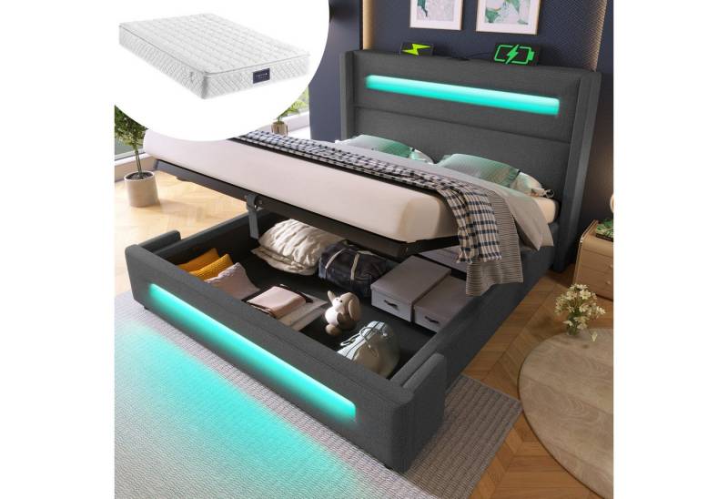 STILVORA Polsterbett 140x200 mit Bettkasten,Jugendbett mit LED und USB Type-C,ohne Matratze von STILVORA