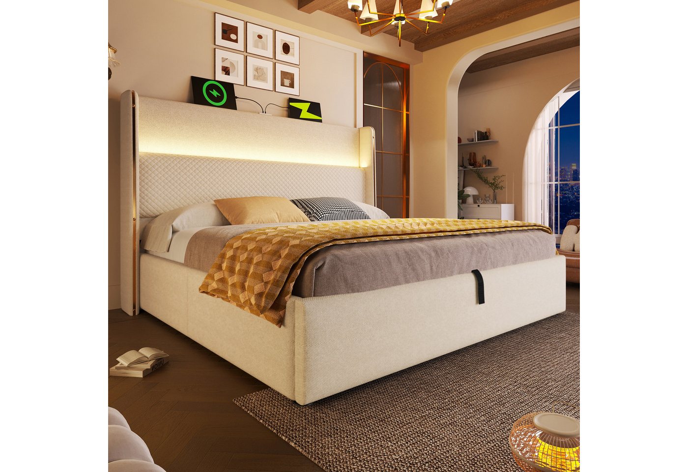 STILVORA Polsterbett 140x200 mit Bettkasten,Stauraumbett Bettgestell mit LED&USB+TYPE-C von STILVORA