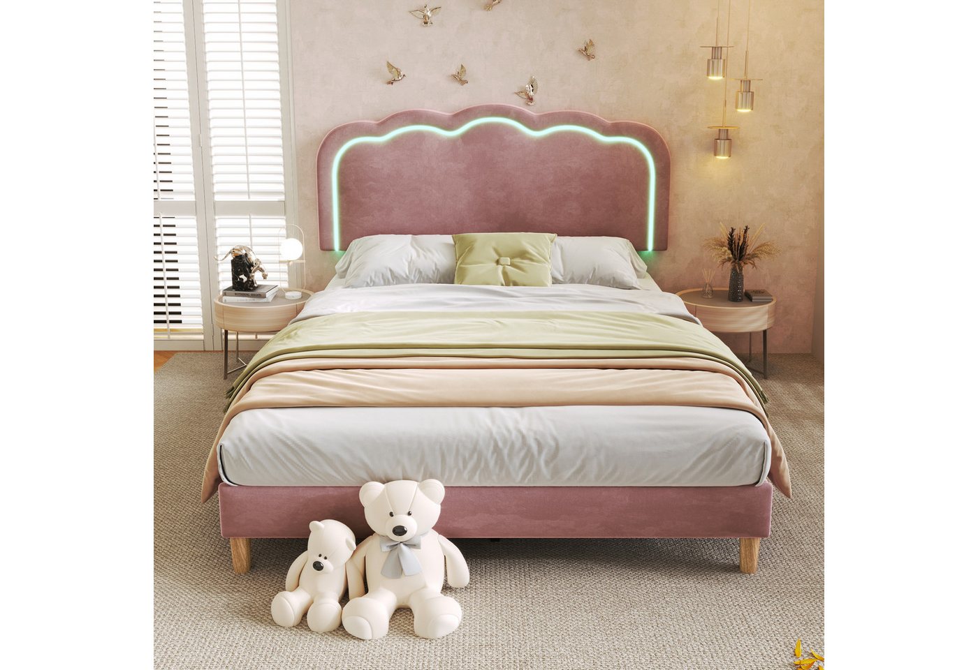 STILVORA Polsterbett 140×200 mit LED,Bettgestell Jugendbett mit Kopfteil&Matratze,Rosa (mit Kopfteil in Blumenform und Lattenrost, 1-tlg), Hautfreundlichem Samtstoff von STILVORA