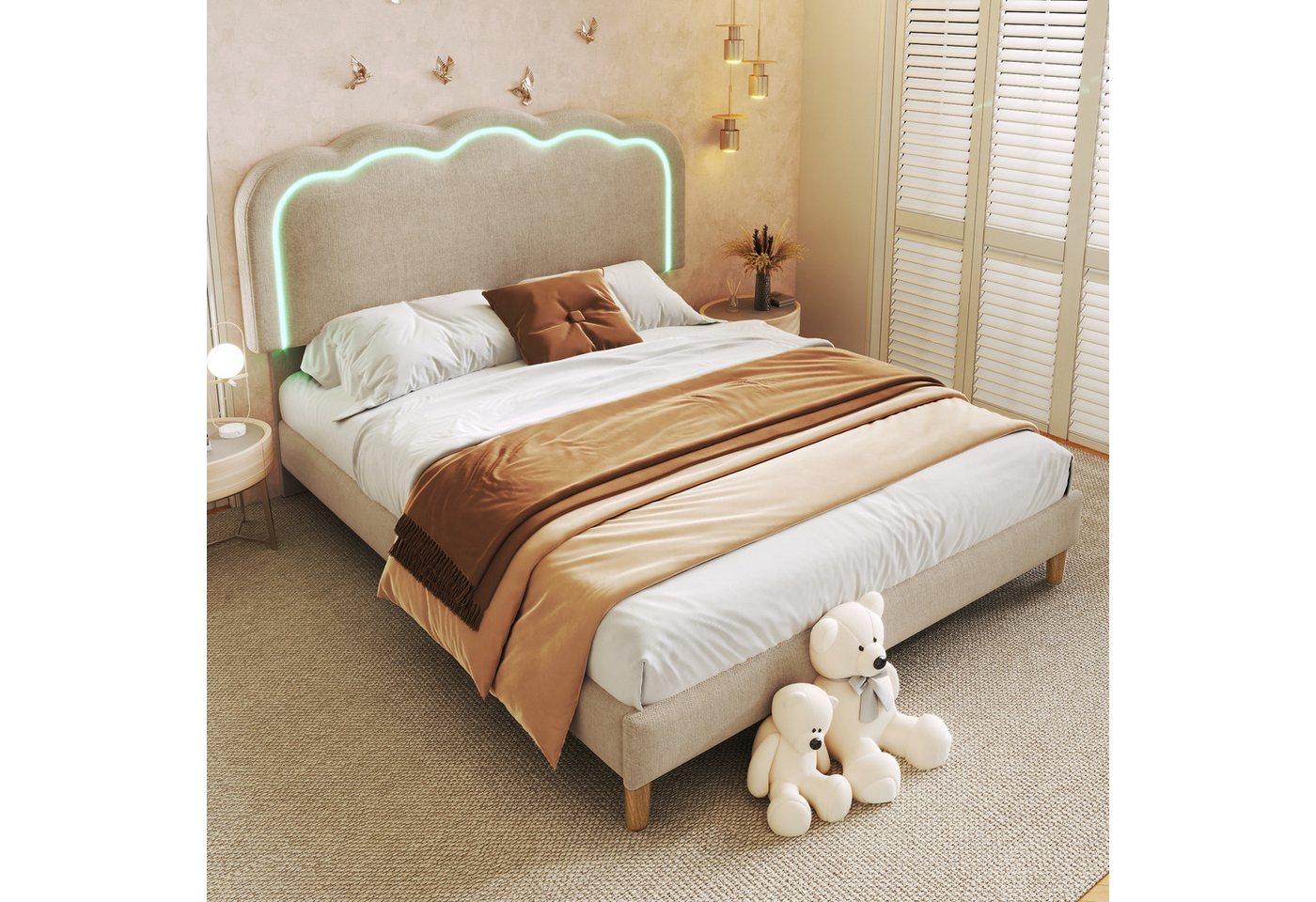 STILVORA Polsterbett 140×200 mit LED,Bettgestell Jugendbett mit verstellbares Kopfteil (mit Kopfteil in Blumenform und Lattenrost, 1-tlg., 140 x 200 cm Ohne Matratze), Hautfreundlichem Samtstoff von STILVORA