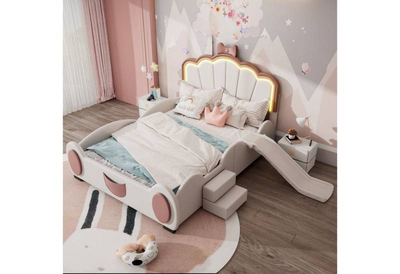 STILVORA Polsterbett 140×200 mit LED,Kinderbett mit Rutsche und Leiter,Bett ohne matraze (Cartoon Bett, Schmetterlingsbett LED-Farbwechsellicht, Fernbedienung, ausgestattet mit Rutsche und Leiter, kunstleder-Material, schöne Form), ohne Matratze von STILVORA