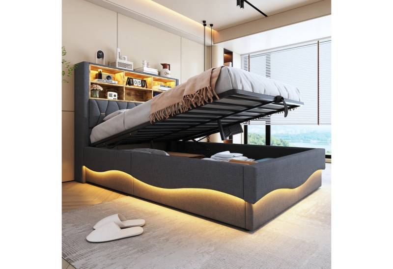 STILVORA Polsterbett 140x200 mit LED&USB,Jugendbett Doppelbett mit Lattenrost&Matratze (mit Hydraulischem Stauraum, APP-gesteuertes LED-Lichtband, USB-Ladeanschluss, Leinenbezug, Platzsparendes Bett mit Stauraum für Bücher und Bettzeug, 140x200 cm), mit Matratze STILVORA Polsterbett 140x200 mit LED&USB,Jugendbett Doppelbett mit Lattenrost&Matratze (mit Hydraulischem Stauraum, APP-gesteuertes LED-Lichtband, USB-Ladeanschluss, Leinenbezug, Platzsparendes Bett mit Stauraum für Bücher und Bettzeug, 140x200 cm), mit Matratze von STILVORA