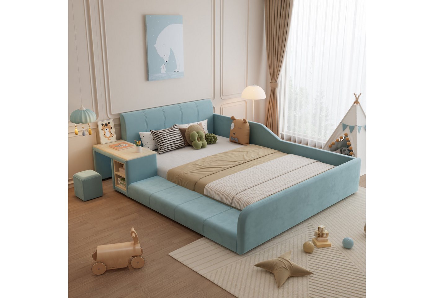 STILVORA Polsterbett 140x200 mit Matratze und Stauraum,Kinderbett Bettgestell mit Hocker (mit Schreibtisch, Hocker und Stauraum, Blau, Weiches Kopfteil, Robuste Holzlatten, für Schlaf- und Arbeitsbereich 140x200 cm), mit Matratze von STILVORA