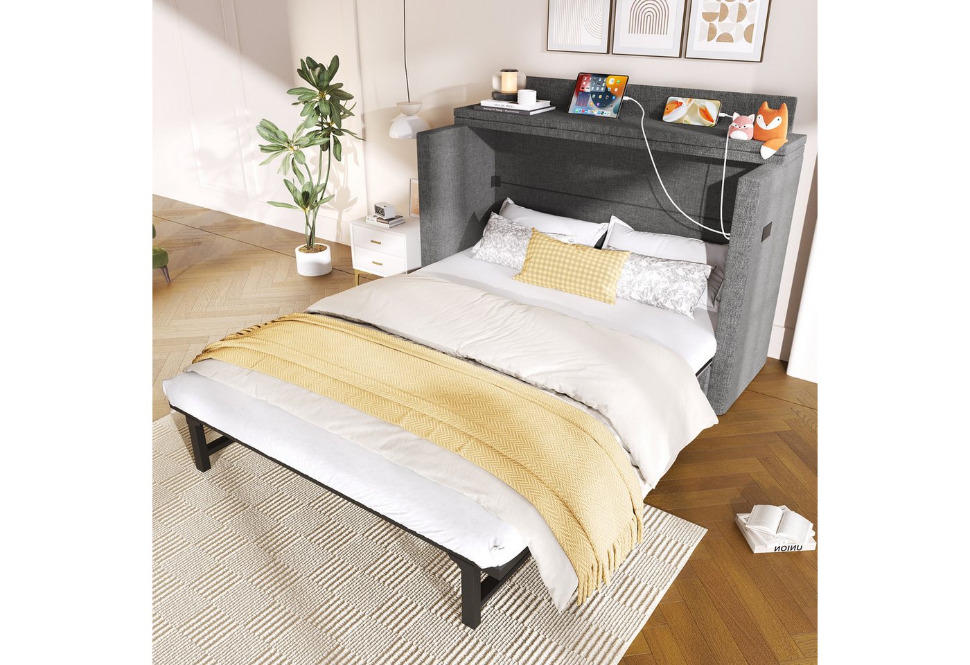 STILVORA Polsterbett 140x200 mit Schublade,Jugendbett Stauraumbett mit Staufach&Ladestation (mit Leinenbezug, Ablagefach & Schublade, USB- und Typ-C-Anschlüsse, umbaubares Plattformbett, 140 x 200 cm Schrankbett), ohne Matratze von STILVORA