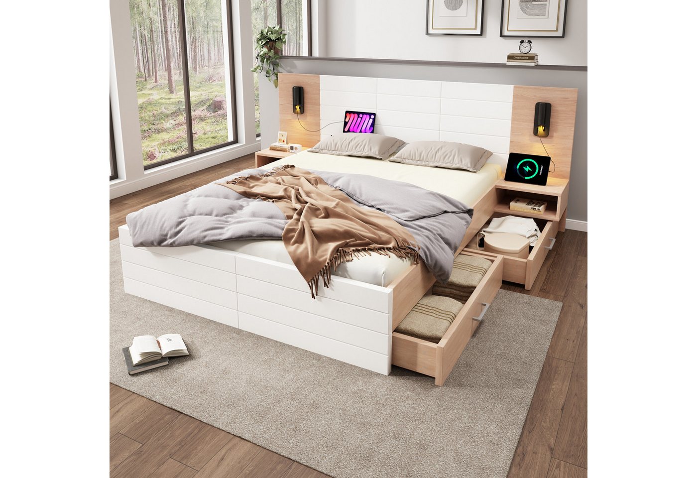 STILVORA Polsterbett 140×200 mit Schubladen,Bettgestell Holzbett mit USB&Leselicht,Eiche (Doppelbett, Holzbett, 1-tlg., 140×200cm, Ohne Matratze), mit 2 Schubladen, 2 Nachtkommode, Leselicht&USB Ladefunktion von STILVORA