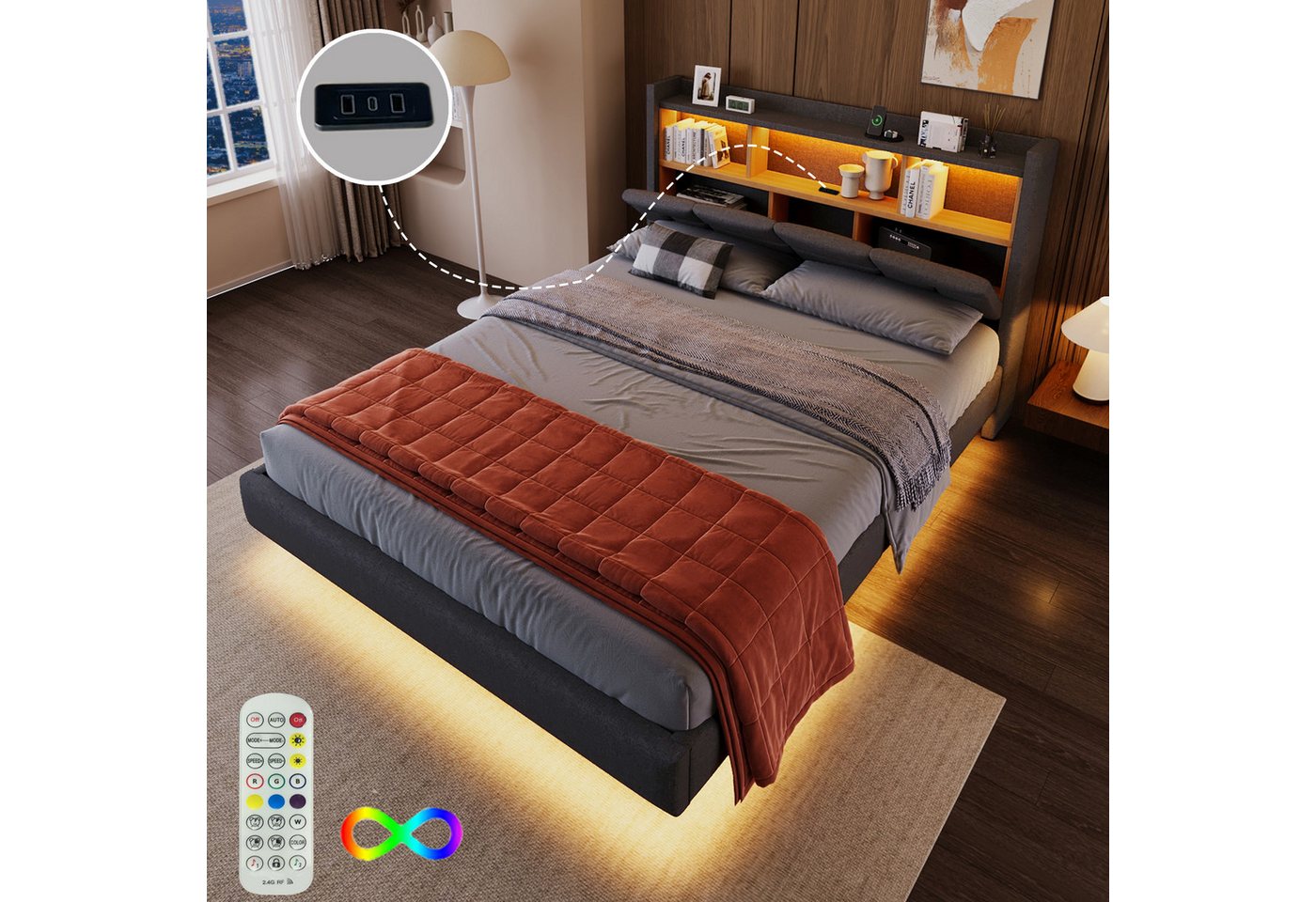 STILVORA Polsterbett 140×200 mit Stauraum,LED und USB+Type-c,Bettgestell ohne matratze (Polsterbett 140x200cm mit USB+Typ-C, Ferngesteuerten LED Ambiente-Lichtleisten, Flip-Top Ablage & Stauraum., 140x200 cm), ohne Matratze von STILVORA
