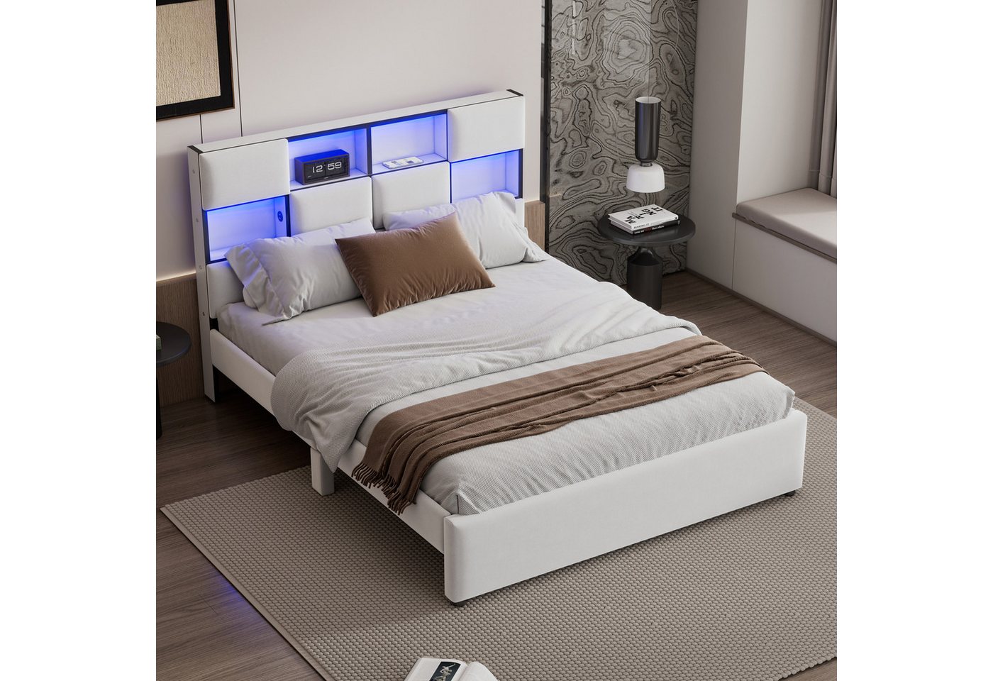 STILVORA Polsterbett 140×200 mit USB-Anschluss,Funktionsbett mit LED,ohne matratze (mehrere Ablagefächer an der Seite des Bettes, USB-Anschluss 140x200 cm), ohne Matratze von STILVORA