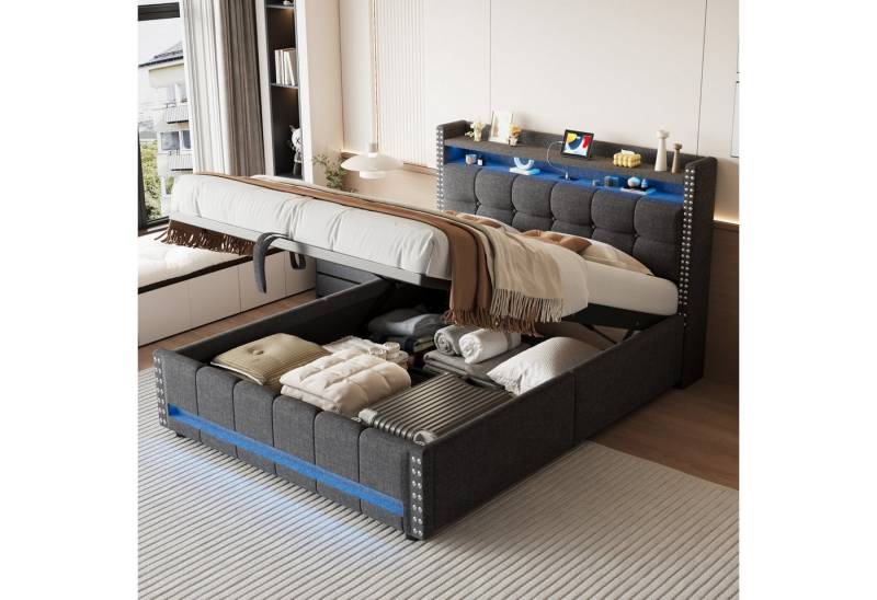 STILVORA Polsterbett 140×200 mit bettkasten,LED&USB,Bettgestell Jugendbett ohne matratze (Jugendbett,mit LED-Beleuchtung, USB-Anschluss & Hydraulik-Stauraum, 140 x 200 cm), ohne Matratze von STILVORA