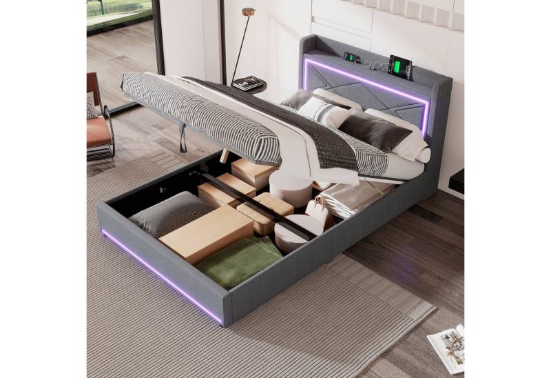 STILVORA Polsterbett 140×200 mit bettkaten,Funktionsbett mit USB und LED,ohne matratze (Bett kann angehoben und abgesenkt werden, USB-Anschluss am Kopfende des Bettes, großer Stauraum), ohne Matratze von STILVORA