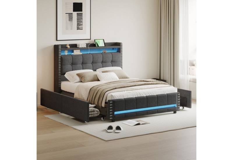 STILVORA Polsterbett 140×200 mit matratze,Bettgestell Jugendbett mit stauraum,LED&USB (Funktionsbett mit LED-Beleuchtung, USB-Steckdose, Stauraum und 4 Schubladen, 140 x 200 cm), ohne Matratze von STILVORA