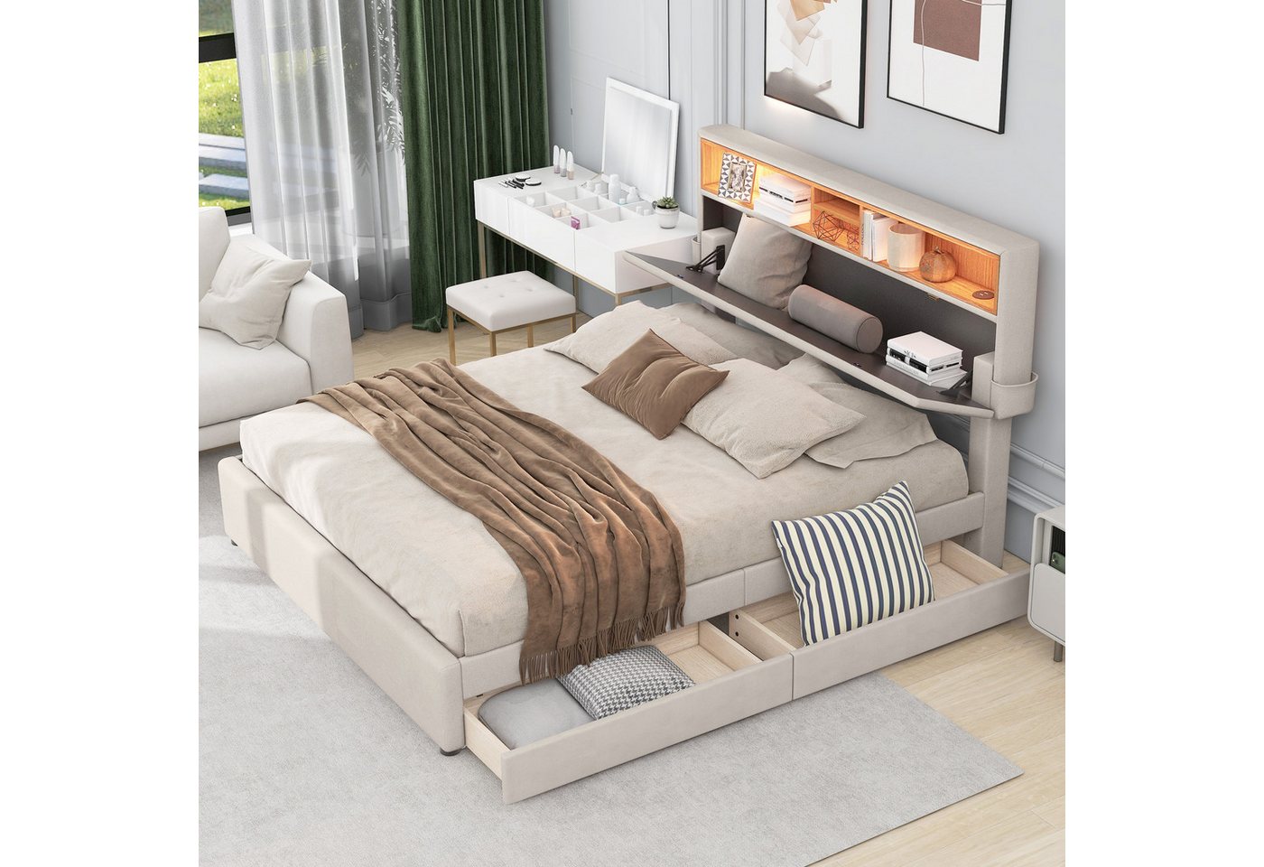 STILVORA Polsterbett 140x200 mit stauraum,Funktionsbett mit LED und USB,Bett ohne matratze (Beige, 140x200cm), mit aufladen USB und LED-Beleuchtung von STILVORA