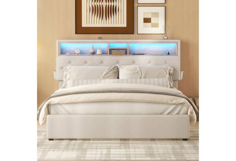 STILVORA Polsterbett 140x200 mit stauraum,Funktionsbett mit LED und USB,Bett ohne matratze (Funktionsbett mit vier Schubladen, verstellbares Kopfteil, mit USB-Aufladung und LED-Beleuchtung 140 x 200 cm), mit aufladen USB und LED-Beleuchtung von STILVORA