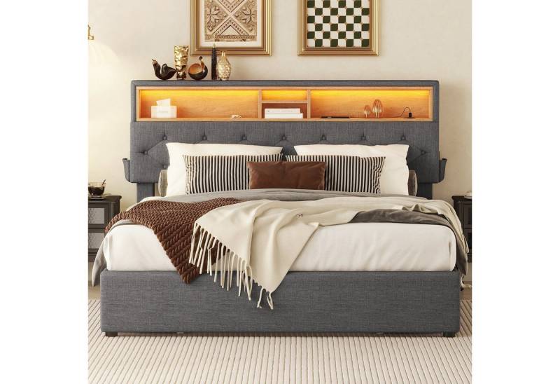 STILVORA Polsterbett 140x200 mit stauraum,Funktionsbett mit LED und USB,Bett ohne matratze (Funktionsbett mit vier Schubladen, verstellbares Kopfteil, mit USB-Aufladung und LED-Beleuchtung 140 x 200 cm), mit aufladen USB und LED-Beleuchtung von STILVORA