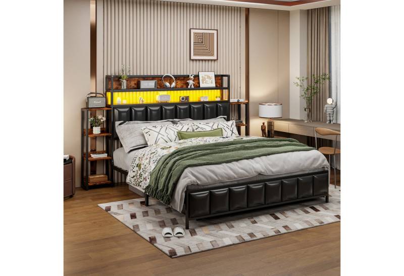 STILVORA Polsterbett 160×200 Bettgestell mit LED-Beleuchtung,Jugendbett ohne Matratze (mit LED-Beleuchtung und Mehrfach-Ablagefächern, 160x200 cm), ohne Matratze von STILVORA