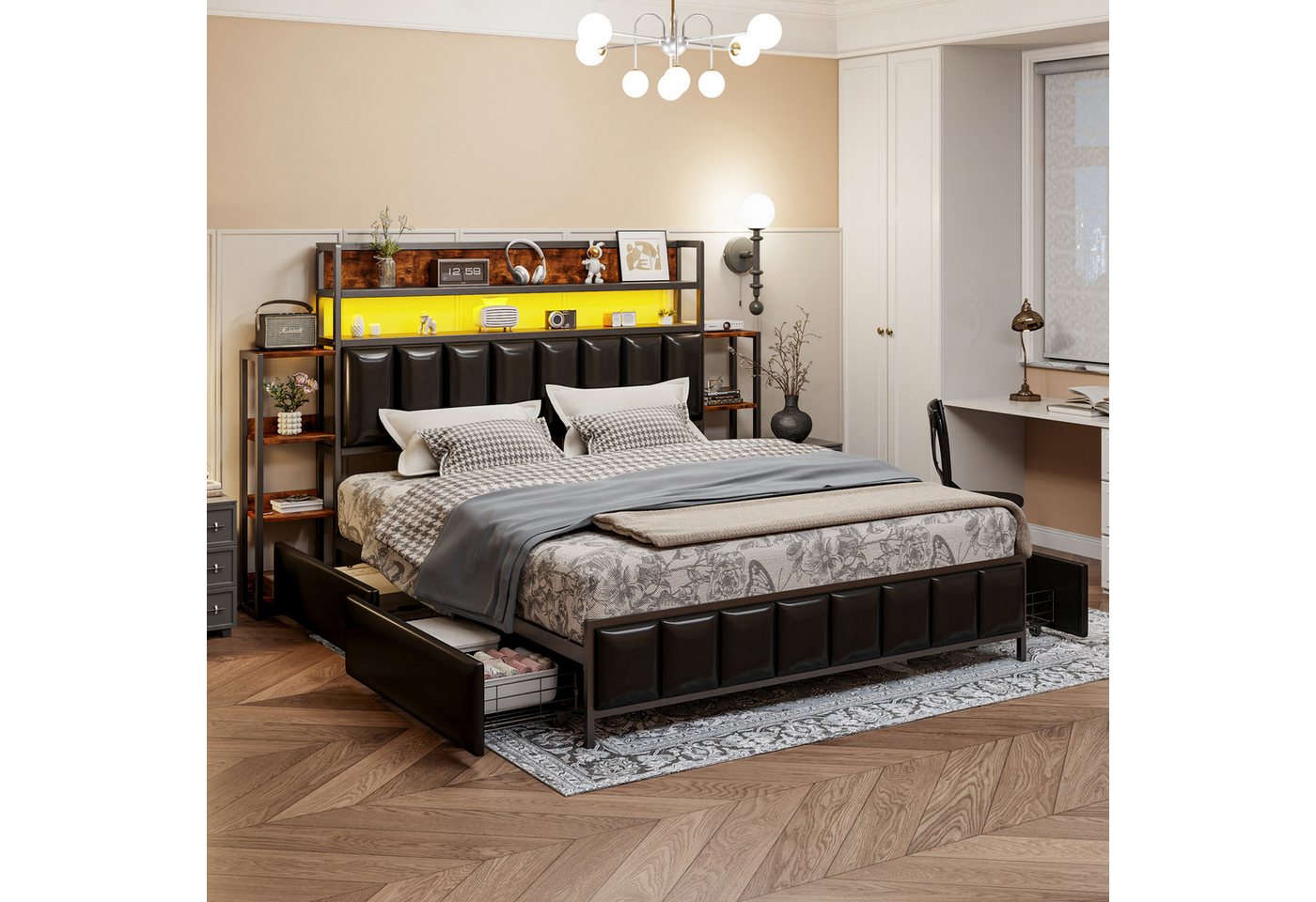 STILVORA Polsterbett 160×200 Bettgestell mit LED & Stauraum,Jugendbett ohne Matratze (mit LED-Beleuchtung und Mehrfach-Ablagefächern, 160x200 cm), ohne Matratze von STILVORA