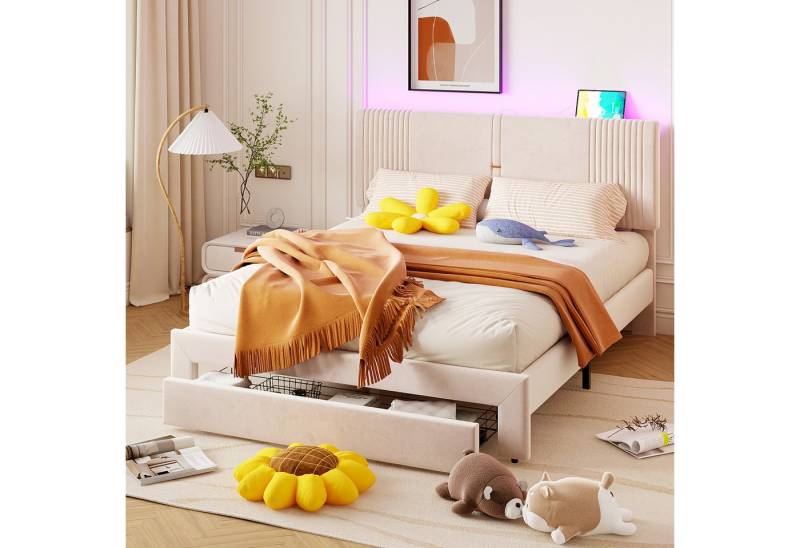 STILVORA Polsterbett 160x200 Bettgestell mit Matratze,Jugendbett mit USB&LED&Stauraum (geeignet für Erwachsene und Jugendliche 160 x 200 cm, Doppelbett, hautfreundliches Doppelbett in Samtstoff), mit Matratze von STILVORA