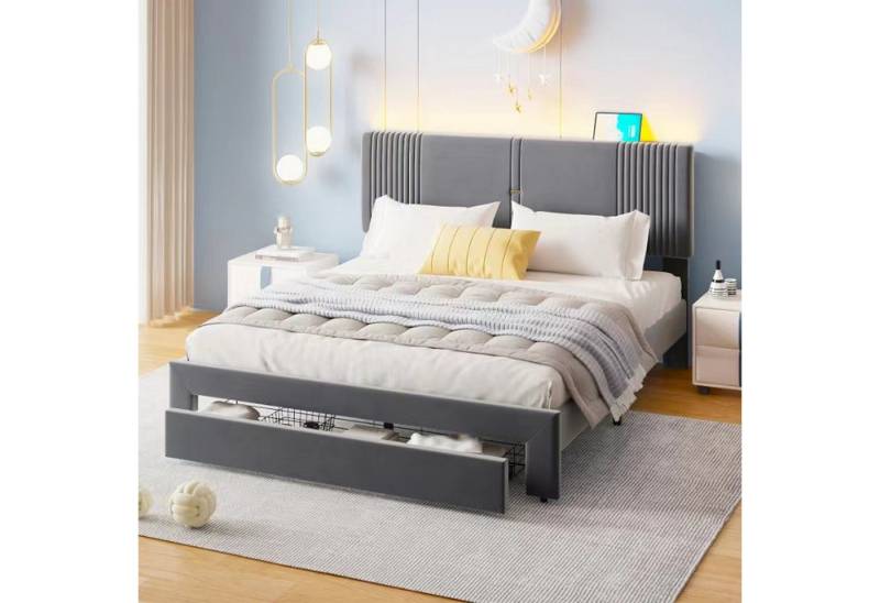 STILVORA Polsterbett 160x200 Bettgestell mit Matratze,Jugendbett mit USB&LED&Stauraum (geeignet für Erwachsene und Jugendliche 160 x 200 cm, Doppelbett, hautfreundliches Doppelbett in Samtstoff), mit Matratze von STILVORA