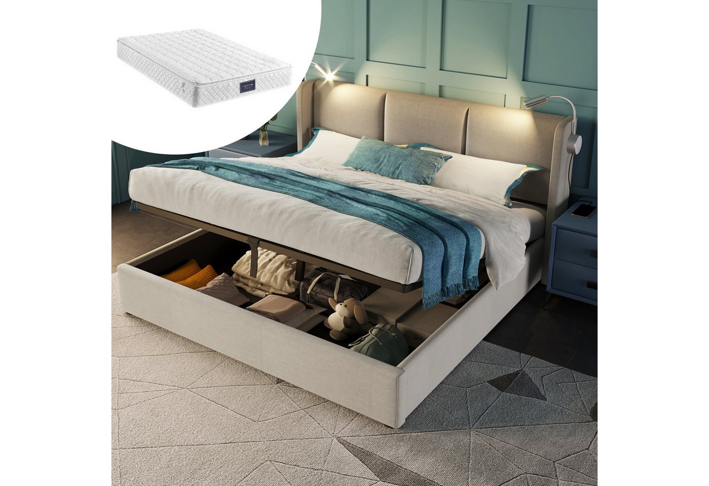 STILVORA Polsterbett 160x200 Doppelbett Bettgestel mit Leselicht, Stauraumbett mit USB (160x200cm Inklusive Matratze), Stauraum Bettkasten Leselicht mit USB Ladefunktion Kopfteil von STILVORA