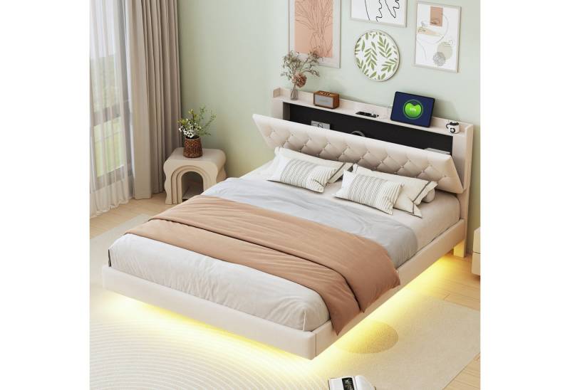 STILVORA Polsterbett 160×200 Doppelbett mit Matratze,Bettgestell mit USB und LED Licht (hautfreundlichem Leinenstoff mit Lattenrost, 160x200 cm), mit Matratze von STILVORA