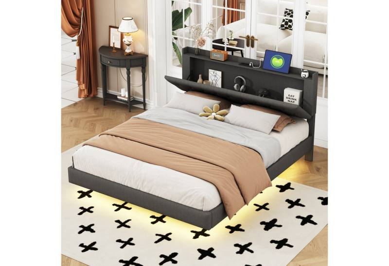 STILVORA Polsterbett 160×200 Doppelbett mit Matratze,Bettgestell mit USB und LED Licht (hautfreundlichem Leinenstoff mit Lattenrost, 160x200 cm), mit Matratze von STILVORA