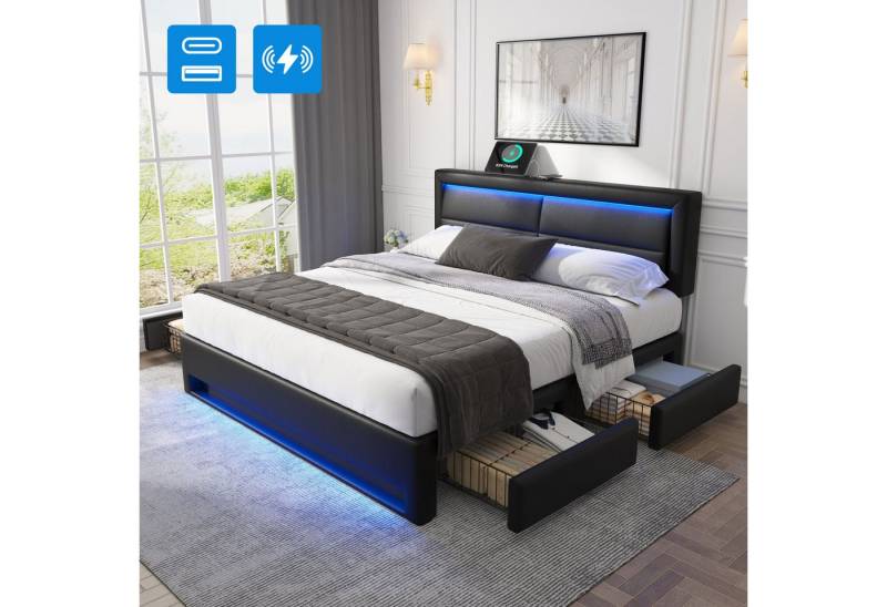 STILVORA Polsterbett 160x200 Funktionsbett Bettgestell mit USB & LED-Beleuchtung &Stauraum (mit Matratze), mit USB-Anschluss (kabelloses/kabelgebundenes), Verstellbares Kopfteil von STILVORA
