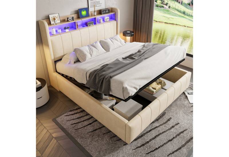 STILVORA Polsterbett 160×200 Funktionsbett mit matratze,Stauraumbett mit LED & Steckdose (Polsterbett,mit LED-Beleuchtung & USB-Anschluss, hydraulisches Stauraum-System und Kopfteil mit Einlegeböden., 160 x 200 cm), mit Matratze von STILVORA