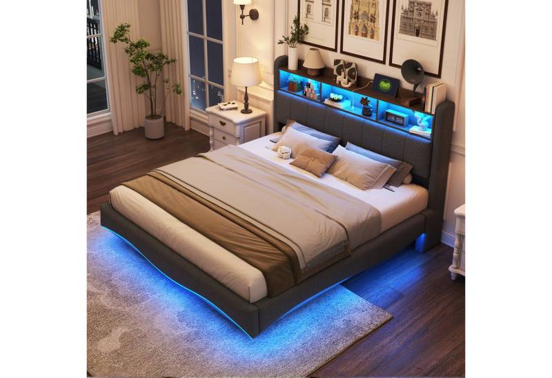 STILVORA Polsterbett 160×200 Jugendbett mit matratze,Bettgestell mit LED-Licht, USB (Modernes Polsterbett,mit schwebendem Design, LED-Licht, USB- und Typ-C-Anschlüssen – Perfekt für Schlafzimmer und Jugendzimmer., 160 x 200 cm), mit Matratze von STILVORA