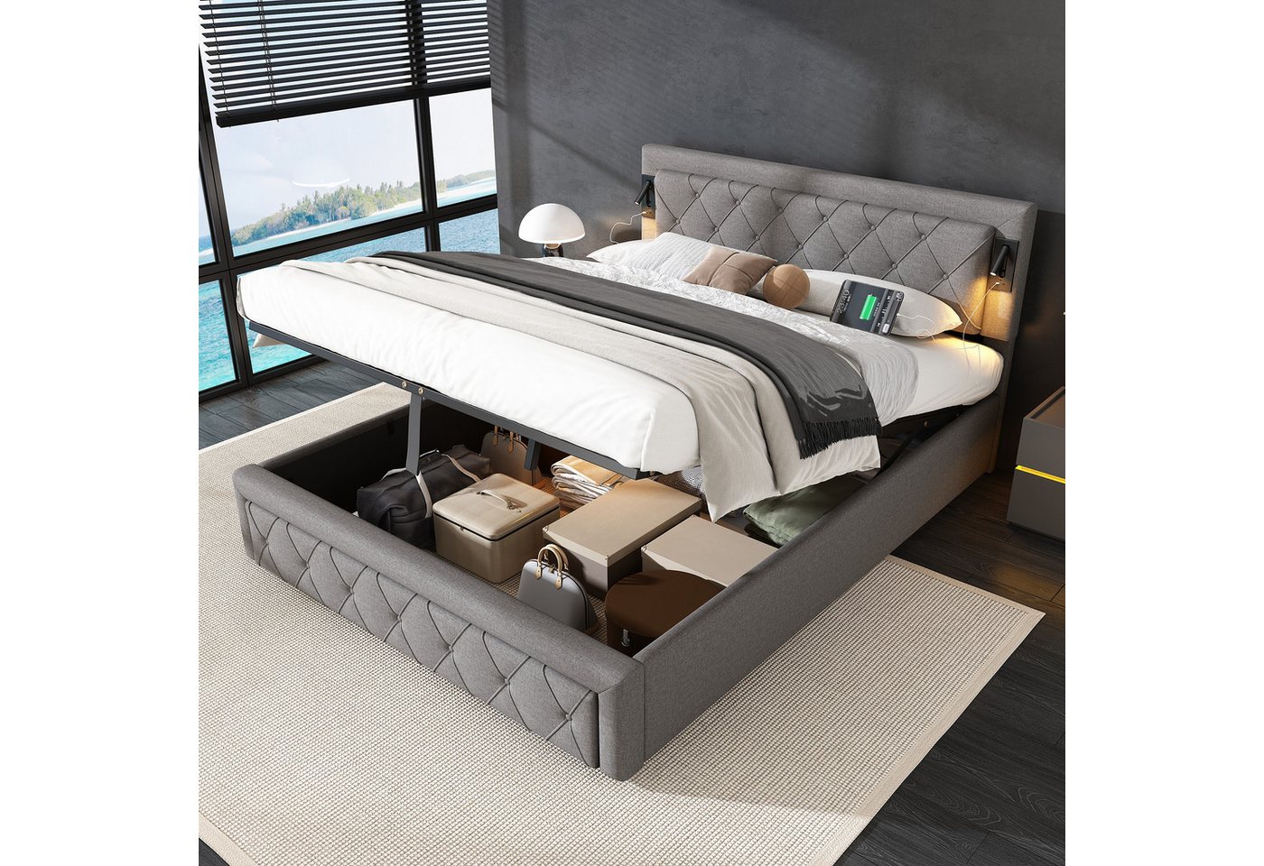 STILVORA Polsterbett 160×200 Polsterbtt Stauraumbett Doppelbett mit Downlight und USB (hydraulisches Doppelbett, 1-tlg., 160x200cm, mit Matratze), mit Downlight & USB-Schnittstelle, Rautenstreifen-Kopfteil von STILVORA