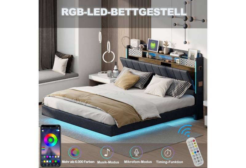 STILVORA Polsterbett 160×200 bett mit Matratze,Bettgestell mit Steckdose & LED & Stauraum (Multifunktionales Kopfteil mit USB-Steckdose, Kopfteil für Ablage und Stauraum mit Handytasche), Schwebebett Jugendbett Erwachsenenbett, Leinenstoff von STILVORA