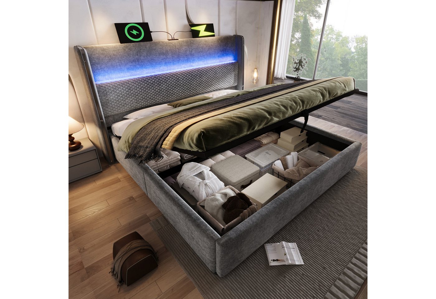 STILVORA Polsterbett 160x200 mit Bettkasten,Stauraumbett Bettgestell mit LED&USB+TYPE-C von STILVORA