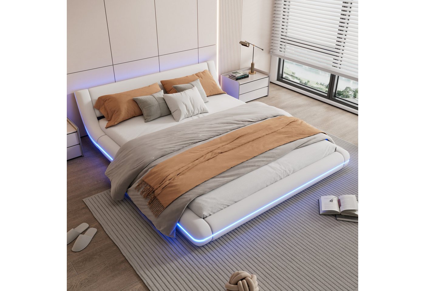STILVORA Polsterbett 160×200 mit Lattenrost,Flachbett Funktionbett mit LED,ohne matratze (mit PU-Bezug und LED-Umgebungslicht, 160 x 200 cm), ohne Matratze von STILVORA