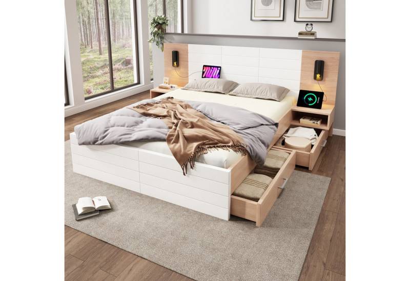 STILVORA Polsterbett 160×200 mit Schubladen,Bettgestell Holzbett mit USB&Leselicht,Eiche (Doppelbett, Holzbett, 1-tlg., 160×200cm, Ohne Matratze), mit 2 Schubladen, 2 Nachtkommode, Leselicht&USB Ladefunktion von STILVORA