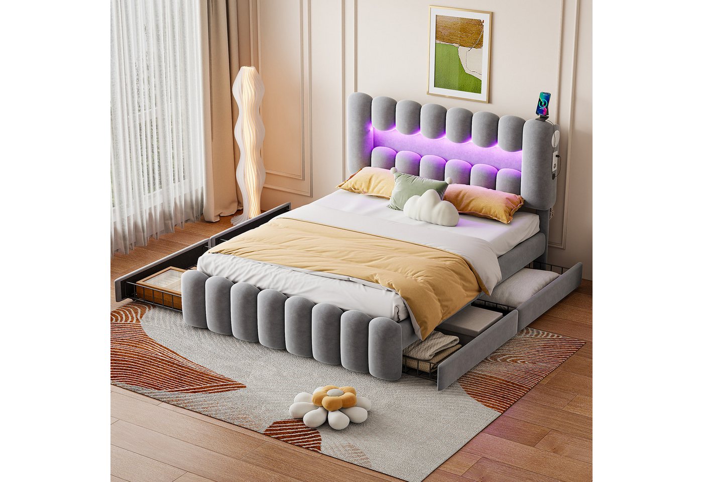 STILVORA Polsterbett 160x200 mit Schubladen,Stauraumbett Bettgestell mit LED&USB,Samt (mit 4 Schubladen, Funktionsbett Doppelbett Bett, 160 x 200 cm), ohne Matratze von STILVORA
