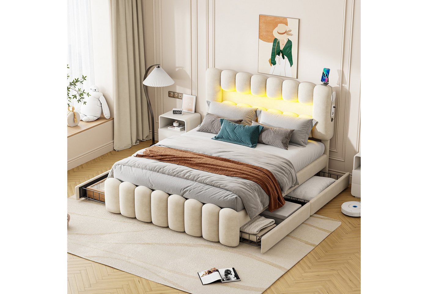 STILVORA Polsterbett 160x200 mit Schubladen,Stauraumbett Bettgestell mit LED&USB,Samt (mit 4 Schubladen, Funktionsbett Doppelbett Bett, 160 x 200 cm), ohne Matratze von STILVORA