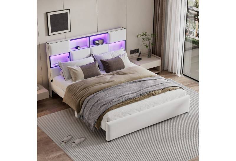 STILVORA Polsterbett 160×200 mit USB-Anschluss,Funktionsbett mit LED,ohne matratze (mehrere Ablagefächer an der Seite des Bettes, USB-Anschluss 160x200 cm), ohne Matratze von STILVORA