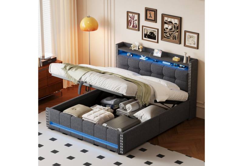 STILVORA Polsterbett 160×200 mit matratze,Bettgestell Jugendbett mit bettkasten,LED&USB (Jugendbett,mit LED-Beleuchtung, USB-Anschluss & Hydraulik-Stauraum, 160 x 200 cm), ohne Matratze von STILVORA