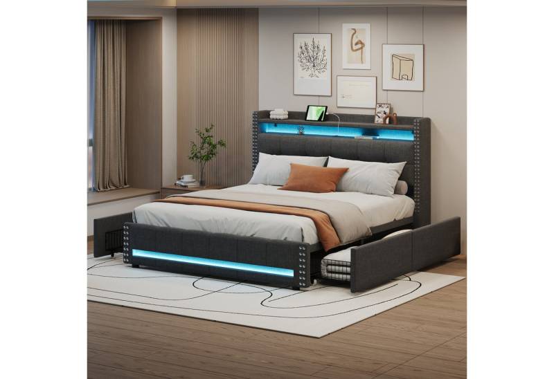 STILVORA Polsterbett 160×200 mit matratze,Bettgestell Jugendbett mit stauraum,LED&USB (Funktionsbett mit LED-Beleuchtung, USB-Steckdose, Stauraum und 4 Schubladen, 160 x 200 cm), ohne Matratze von STILVORA