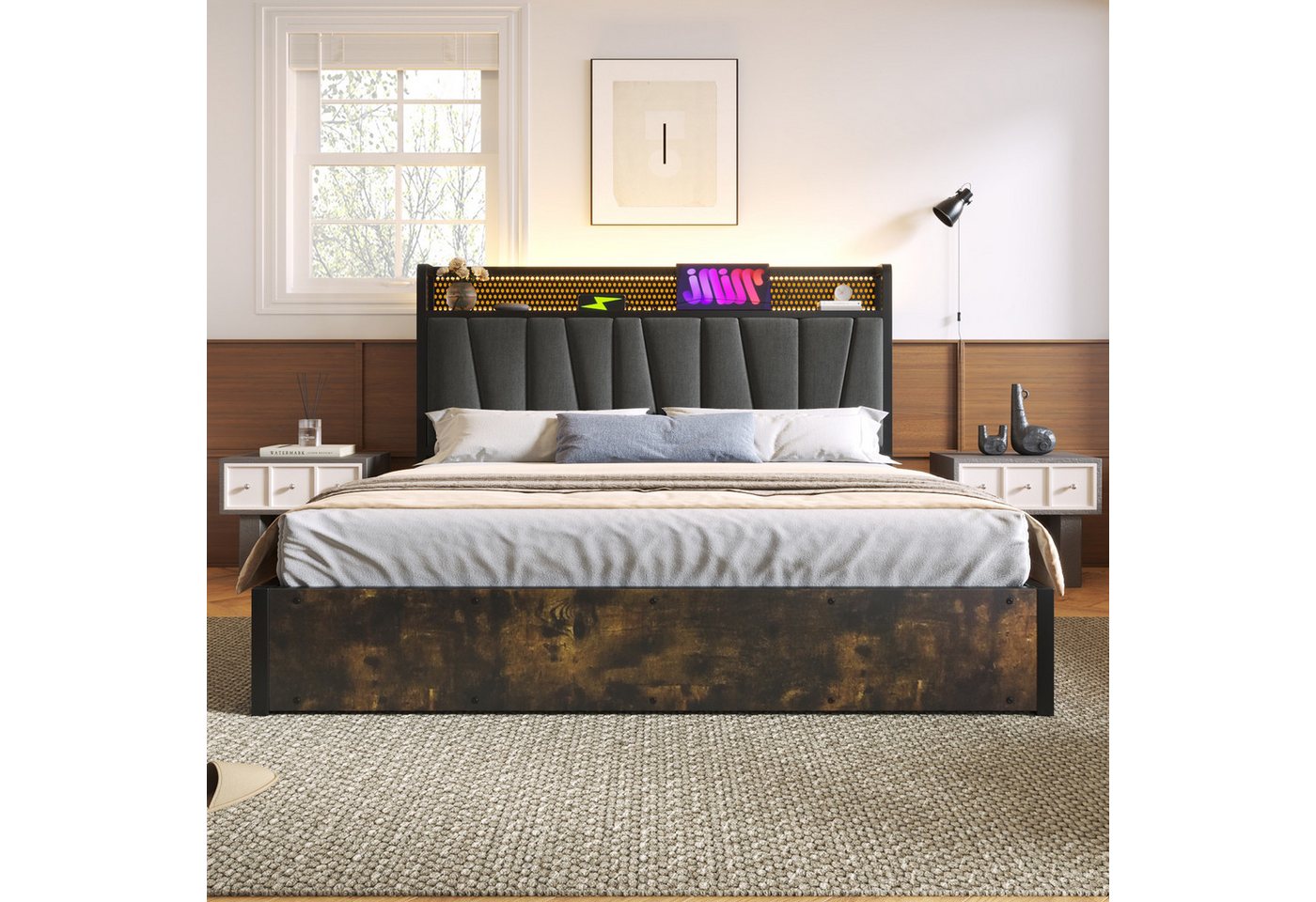 STILVORA Polsterbett 160×200cm Polsterbett Metallbett mit LED,Doppelbett mit USB (mit aufladen USB Ladefunktion Kopfteil und LED-Beleuchtung), 160 x 200 cm,ohne Matratze von STILVORA