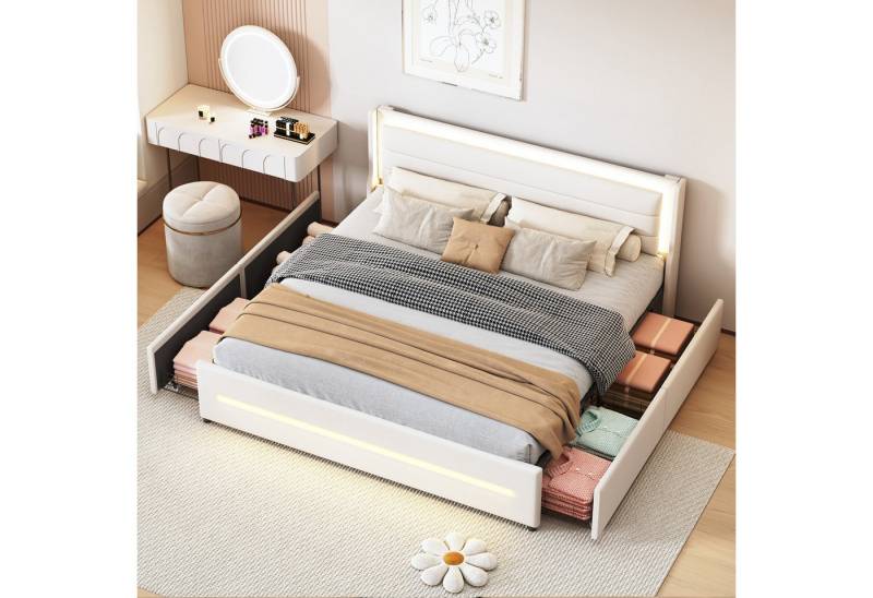 STILVORA Polsterbett 180×200 Bettgestell mit Matratze,Jugendbett mit Stauraum & LED (Doppelbett,mit LED-Beleuchtung & Stauraum, Leinenstoff, 4 Ablagefächer, stabiler Lattenrost, 180*200 cm), mit Matratze von STILVORA