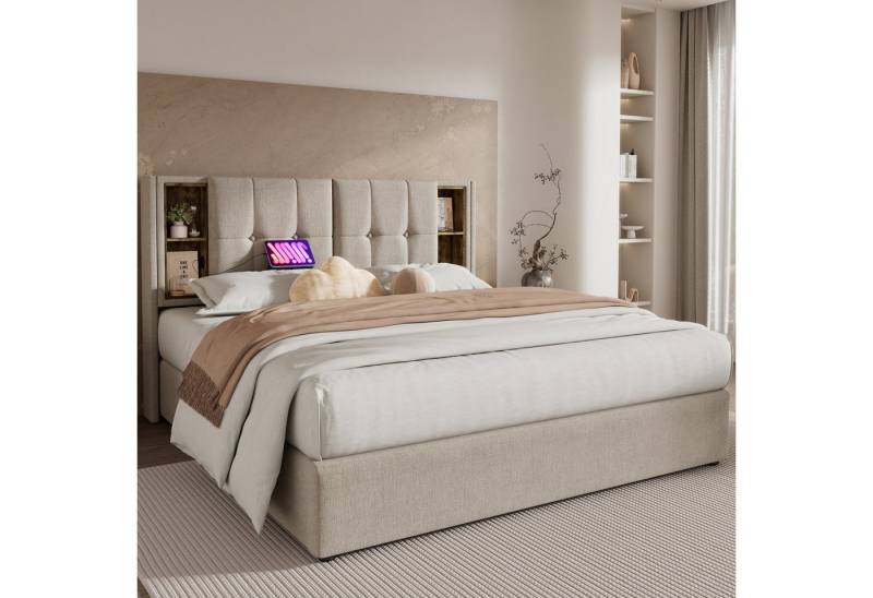STILVORA Polsterbett 180x200 Bettgestell mit Stauraum,Jugendbett mit Lattenrost,USB C (mit Lattenrost, Ohne Matratze,180x200cm), mit Kabellosem Laden USB C, Lattenrost aus Holz-Natürlich Leinen von STILVORA