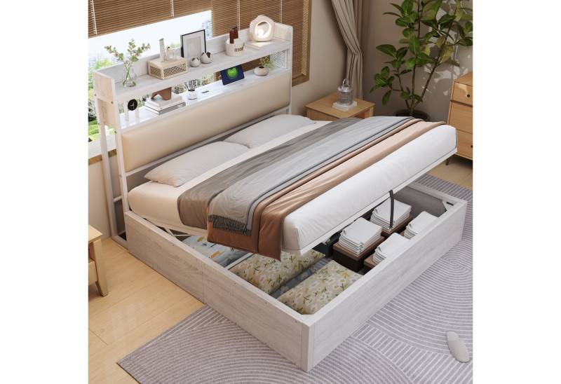 STILVORA Polsterbett 180×200 Funktionbett mit matratze,Holzbett Jugendbett mit Bettkasten (mit hydraulischem Stauraum, USB-Anschlüssen, gepolstertem Kopfteil und Retro-Design aus Holz & Metall, ideal für moderne Schlafzimmer und Apartments 180x200 cm), mit Matratze von STILVORA