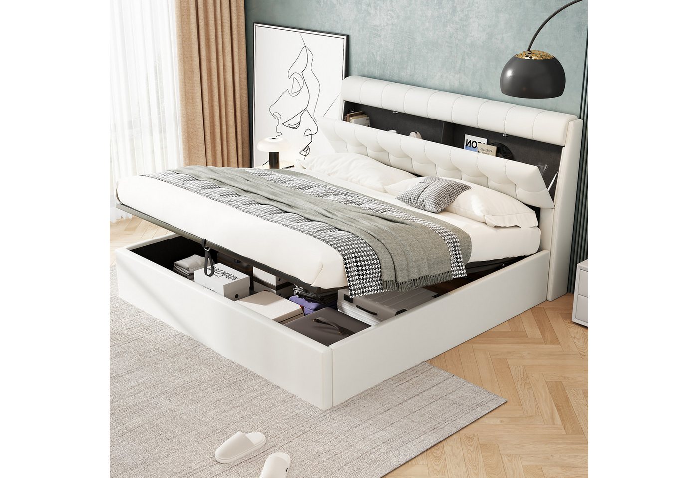 STILVORA Polsterbett 180×200 Polsterbett Funktionsbett mit verdeckt Kopfteilablage&Stauraum (Polsterbett mit Lattenrost, 160*200cm), mit verdeckte Kopfteilablage, Bettkastenablage von STILVORA
